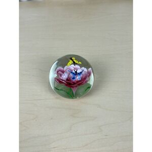VTG Hand Blown Paperweight Murano Art Glass Butterfly Green Leaves Red Flowers